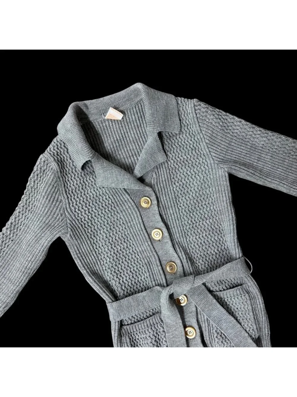 Vintage Gray Cardigan Sweater Belt Small Acrylic 1970s Ribbed Long Sleeve - Picture 1 of 6